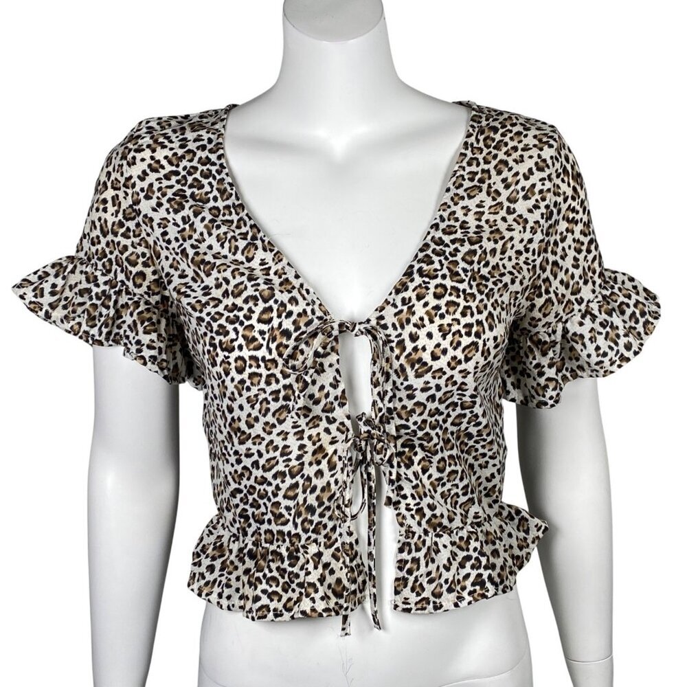 Polly Crop Tie Front Shirt Womens Size 4 Animal Print Short Sleeve Ruffles
